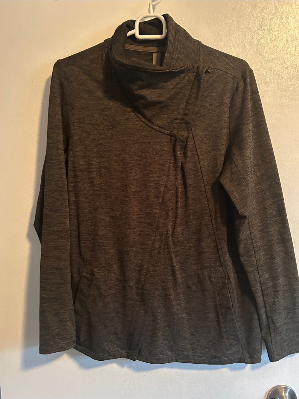 Women’s Heathered Dark Green Gray Funnel Neck asymmetric zip